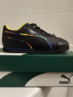 Puma Roma Black Leather Sneaker with Multicolor Accents